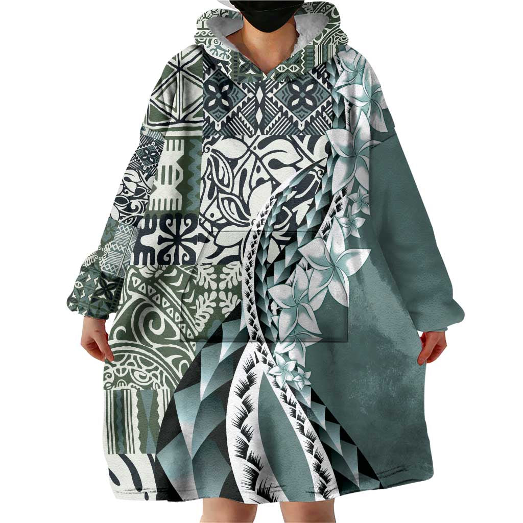 Aloha Vintage Plumeria Hawaiian Tapa Pattern Wearable Blanket Hoodie Dark Turquoise Hawaiian Tapa Pattern LT9 - Polynesian Pride