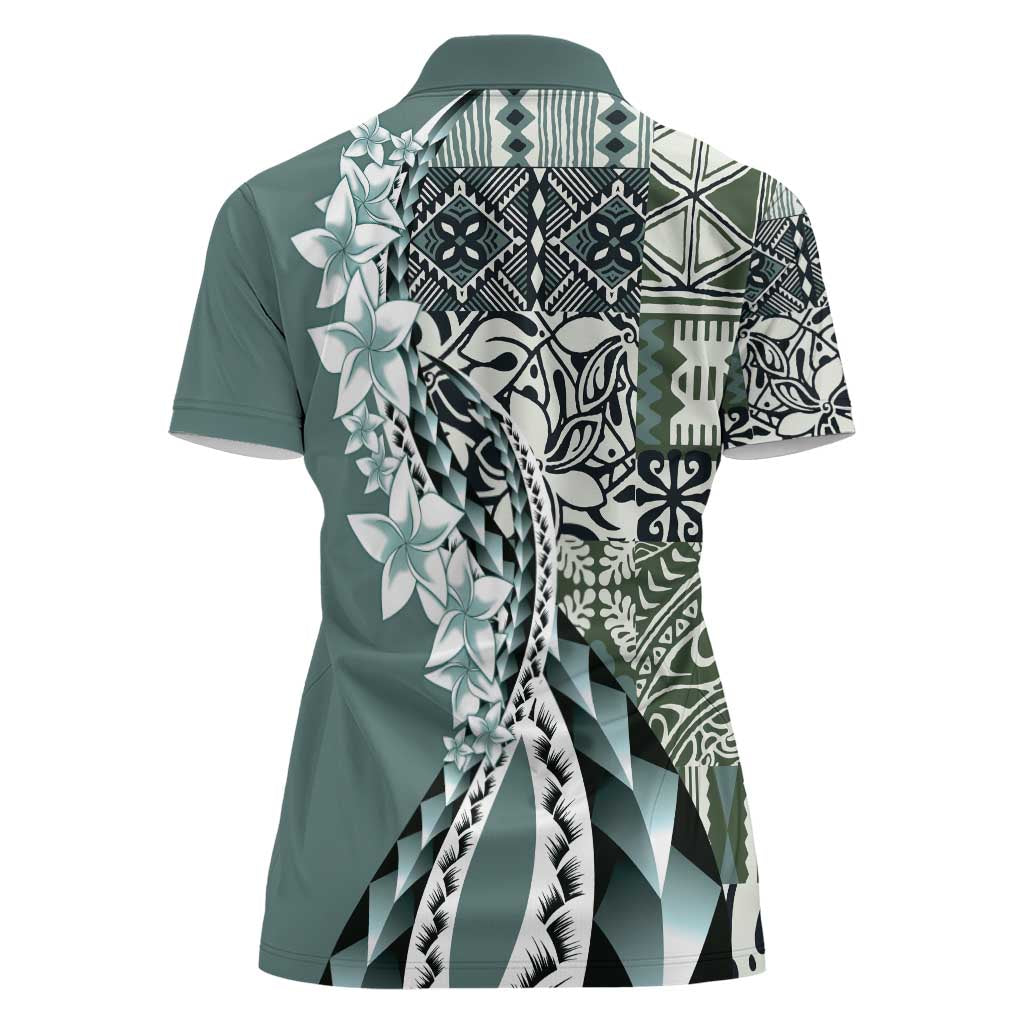 Aloha Vintage Plumeria Hawaiian Tapa Pattern Women Polo Shirt Dark Turquoise Hawaiian Tapa Pattern - Polynesian Pride