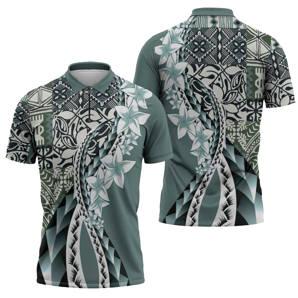 Aloha Vintage Plumeria Hawaiian Tapa Pattern Zipper Polo Shirt Dark Turquoise Hawaiian Tapa Pattern - Polynesian Pride