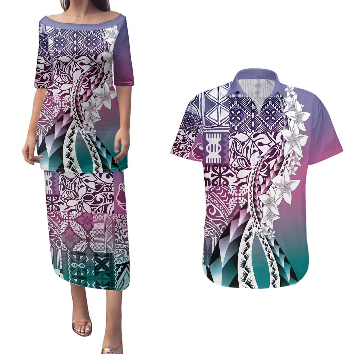 Aloha Vintage Plumeria Hawaiian Tapa Pattern Couples Matching Puletasi and Hawaiian Shirt Gradient Hawaiian Tapa Pattern LT9 Gradient - Polynesian Pride