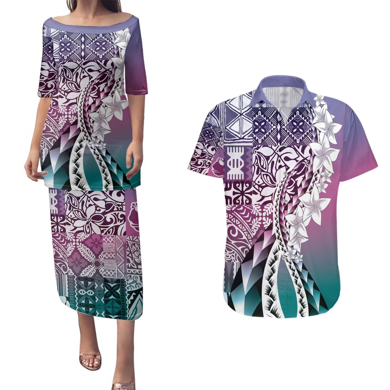 Aloha Vintage Plumeria Hawaiian Tapa Pattern Couples Matching Puletasi and Hawaiian Shirt Gradient Hawaiian Tapa Pattern - Polynesian Pride