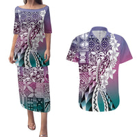 Aloha Vintage Plumeria Hawaiian Tapa Pattern Couples Matching Puletasi and Hawaiian Shirt Gradient Hawaiian Tapa Pattern LT9 Gradient - Polynesian Pride