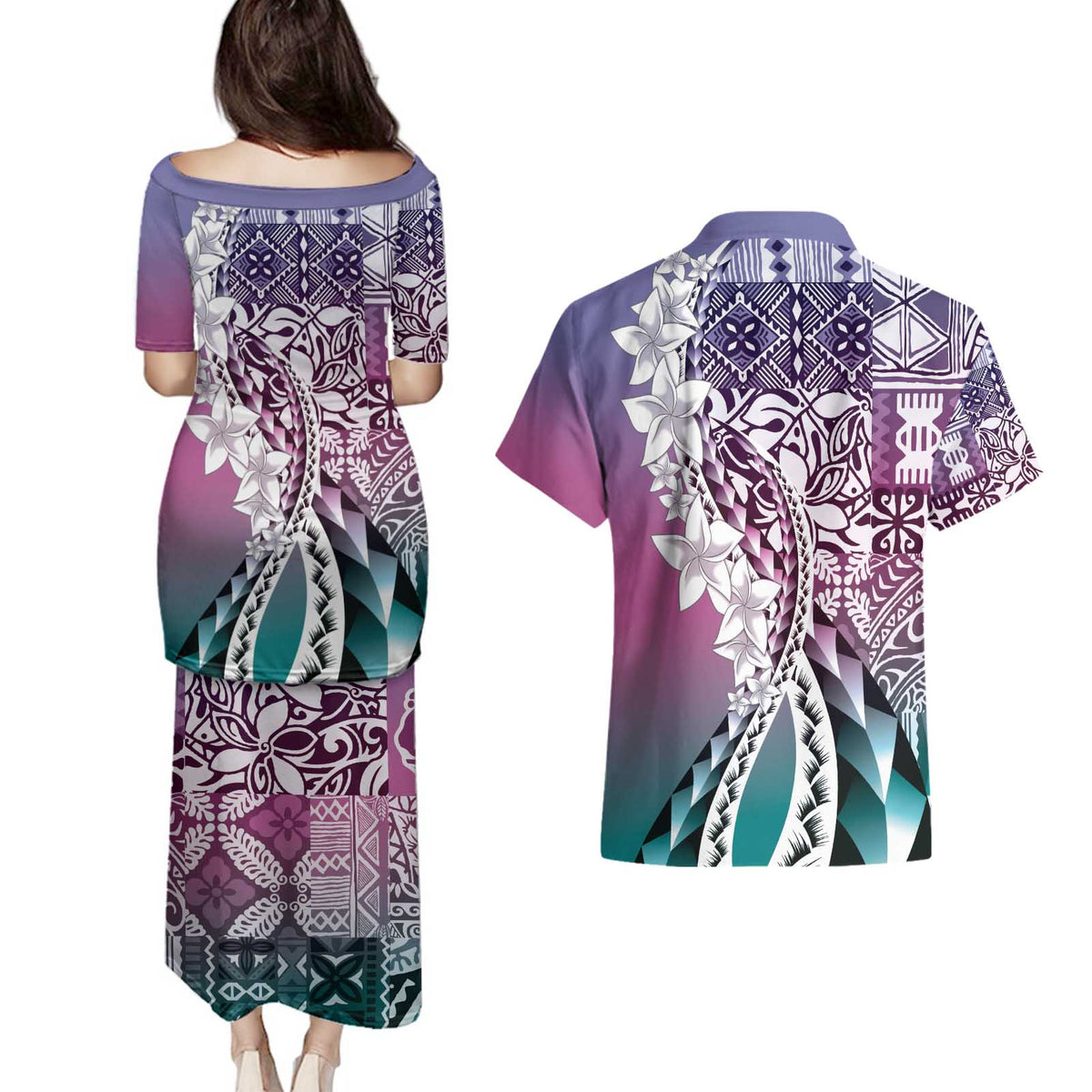Aloha Vintage Plumeria Hawaiian Tapa Pattern Couples Matching Puletasi and Hawaiian Shirt Gradient Hawaiian Tapa Pattern LT9 - Polynesian Pride