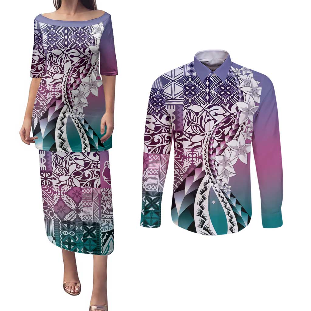 Aloha Vintage Plumeria Hawaiian Tapa Pattern Couples Matching Puletasi and Long Sleeve Button Shirt Gradient Hawaiian Tapa Pattern LT9 Gradient - Polynesian Pride