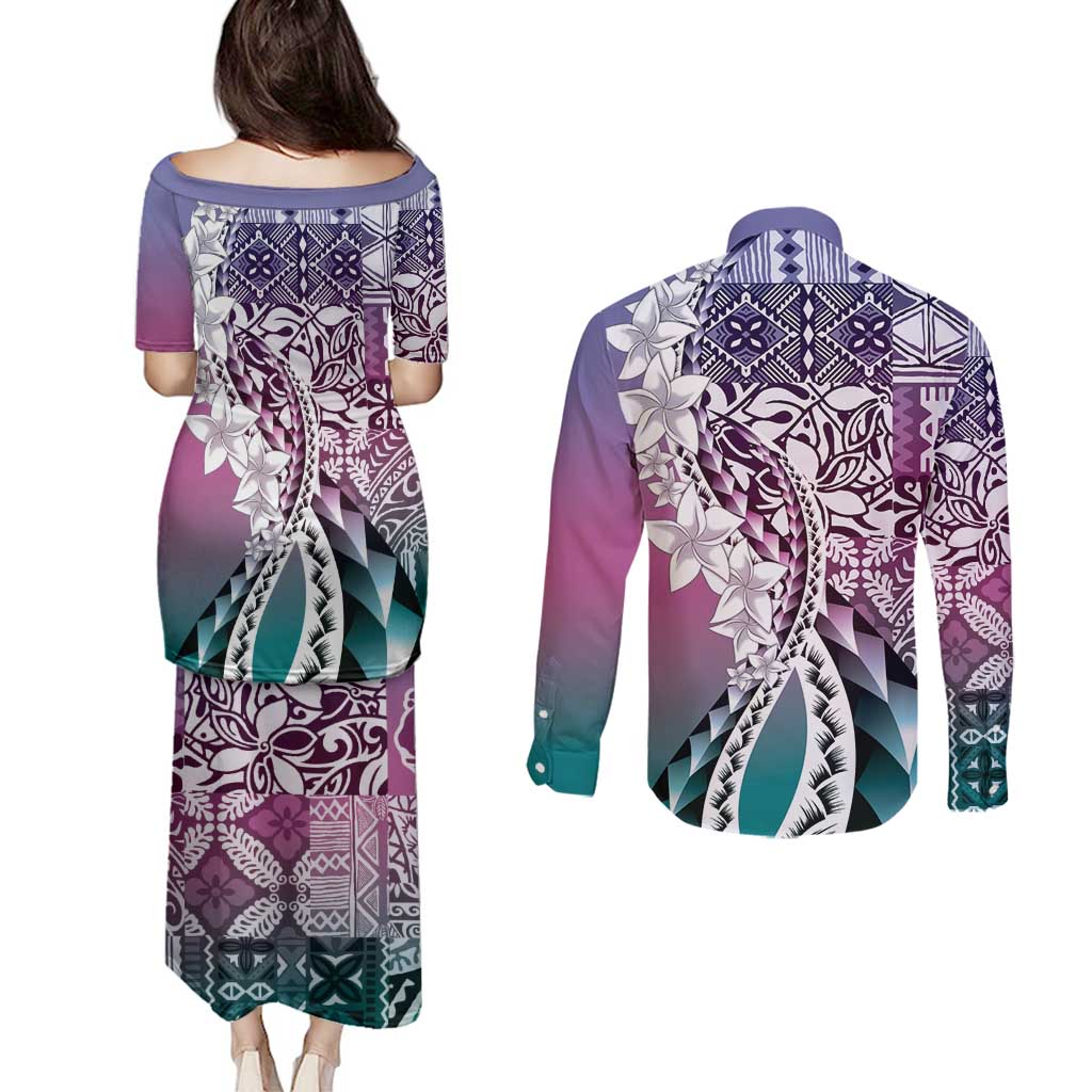 Aloha Vintage Plumeria Hawaiian Tapa Pattern Couples Matching Puletasi and Long Sleeve Button Shirt Gradient Hawaiian Tapa Pattern LT9 - Polynesian Pride