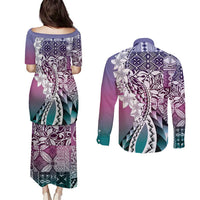 Aloha Vintage Plumeria Hawaiian Tapa Pattern Couples Matching Puletasi and Long Sleeve Button Shirt Gradient Hawaiian Tapa Pattern LT9 - Polynesian Pride