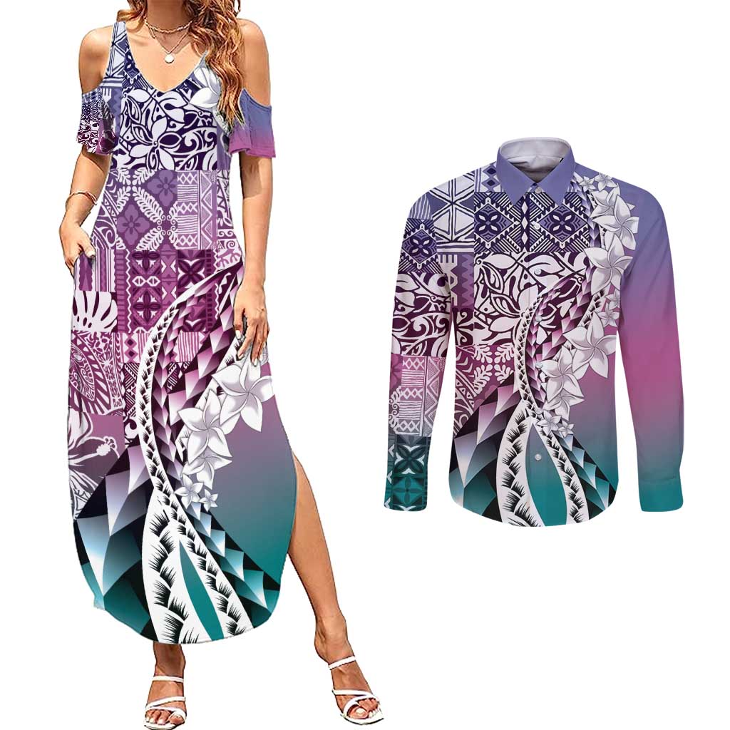 Aloha Vintage Plumeria Hawaiian Tapa Pattern Couples Matching Summer Maxi Dress and Long Sleeve Button Shirt Gradient Hawaiian Tapa Pattern - Polynesian Pride