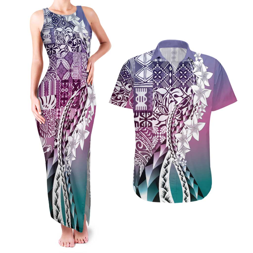 Aloha Vintage Plumeria Hawaiian Tapa Pattern Couples Matching Tank Maxi Dress and Hawaiian Shirt Gradient Hawaiian Tapa Pattern - Polynesian Pride
