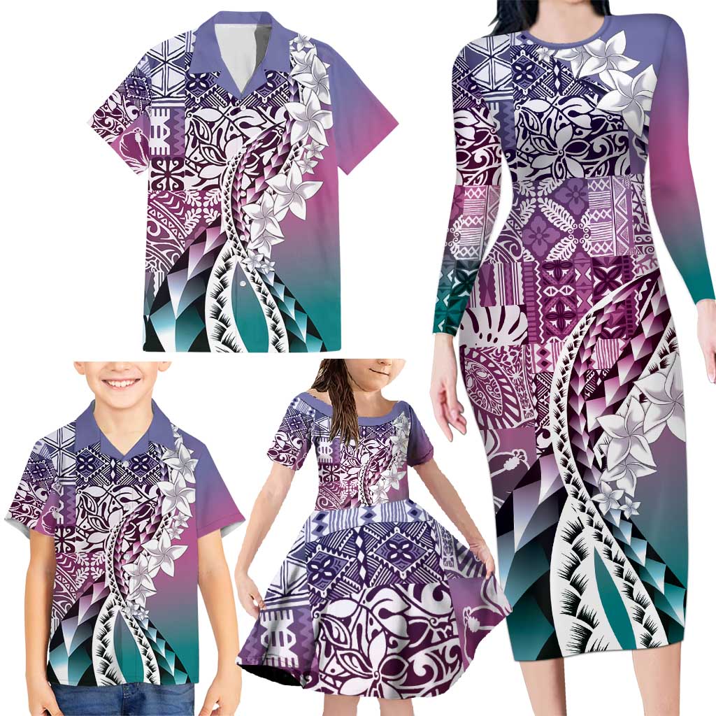 Aloha Vintage Plumeria Hawaiian Tapa Pattern Family Matching Long Sleeve Bodycon Dress and Hawaiian Shirt Gradient Hawaiian Tapa Pattern - Polynesian Pride