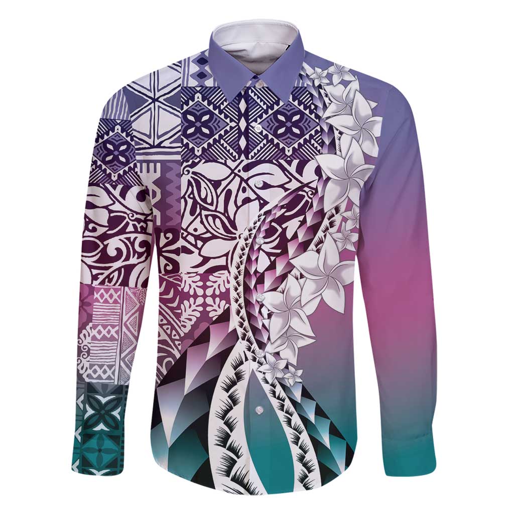 Aloha Vintage Plumeria Hawaiian Tapa Pattern Family Matching Long Sleeve Bodycon Dress and Hawaiian Shirt Gradient Hawaiian Tapa Pattern - Polynesian Pride