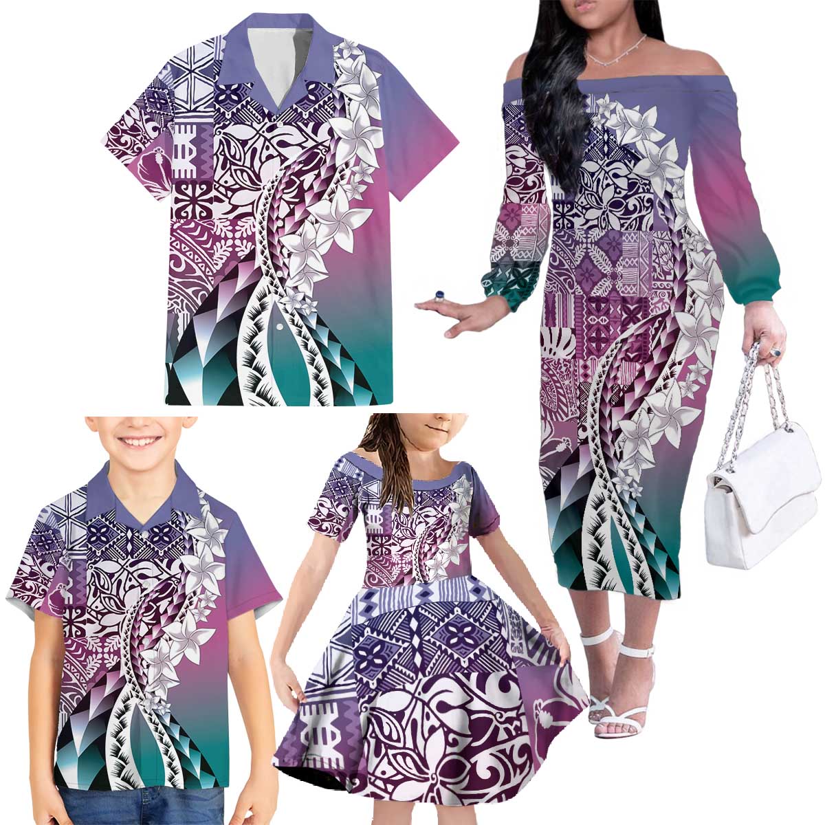 Aloha Vintage Plumeria Hawaiian Tapa Pattern Family Matching Off The Shoulder Long Sleeve Dress and Hawaiian Shirt Gradient Hawaiian Tapa Pattern - Polynesian Pride