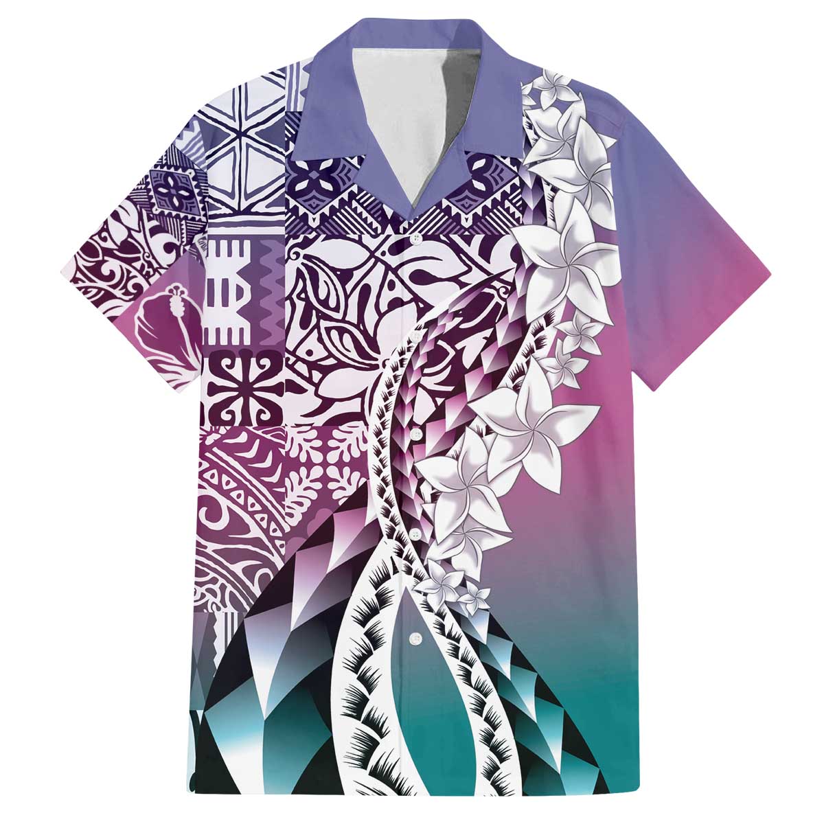 Aloha Vintage Plumeria Hawaiian Tapa Pattern Family Matching Off The Shoulder Long Sleeve Dress and Hawaiian Shirt Gradient Hawaiian Tapa Pattern - Polynesian Pride