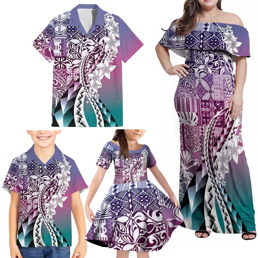 Aloha Vintage Plumeria Hawaiian Tapa Pattern Family Matching Off Shoulder Maxi Dress and Hawaiian Shirt Gradient Hawaiian Tapa Pattern - Polynesian Pride