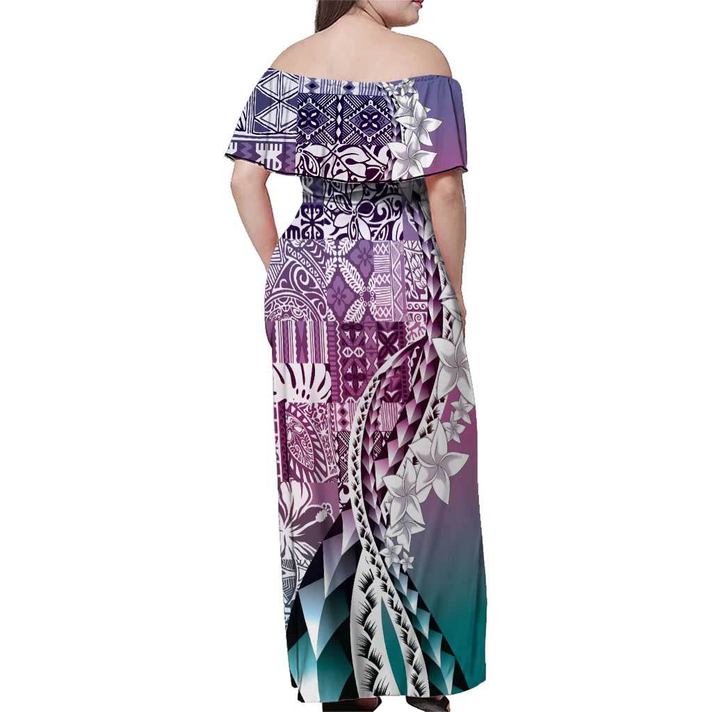 Aloha Vintage Plumeria Hawaiian Tapa Pattern Family Matching Off Shoulder Maxi Dress and Hawaiian Shirt Gradient Hawaiian Tapa Pattern - Polynesian Pride