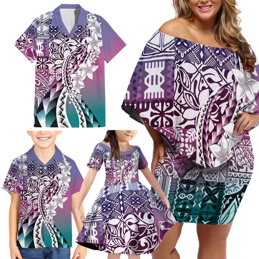 Aloha Vintage Plumeria Hawaiian Tapa Pattern Family Matching Off Shoulder Short Dress and Hawaiian Shirt Gradient Hawaiian Tapa Pattern - Polynesian Pride
