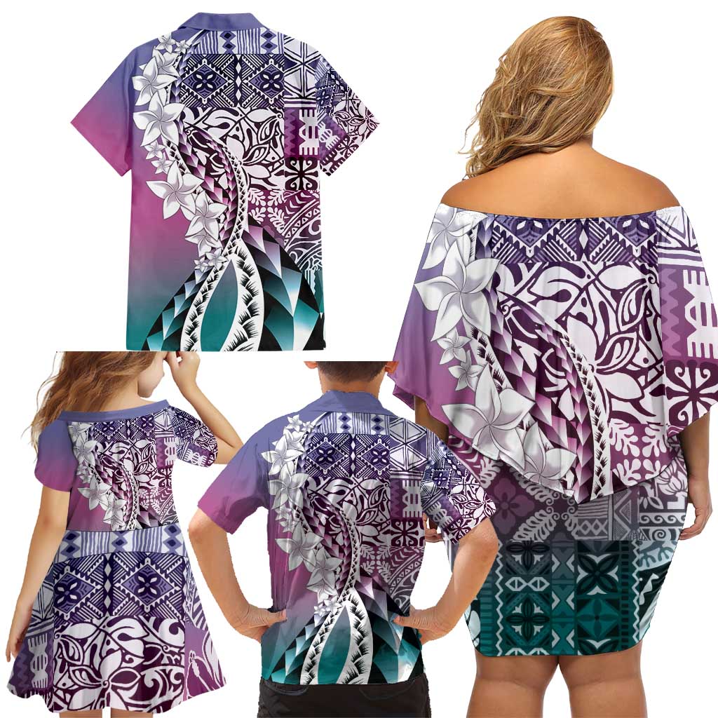 Aloha Vintage Plumeria Hawaiian Tapa Pattern Family Matching Off Shoulder Short Dress and Hawaiian Shirt Gradient Hawaiian Tapa Pattern - Polynesian Pride