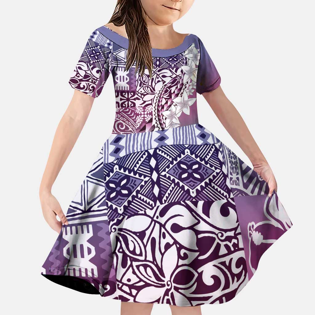 Aloha Vintage Plumeria Hawaiian Tapa Pattern Family Matching Puletasi and Hawaiian Shirt Gradient Hawaiian Tapa Pattern LT9 Daughter's Dress Gradient - Polynesian Pride