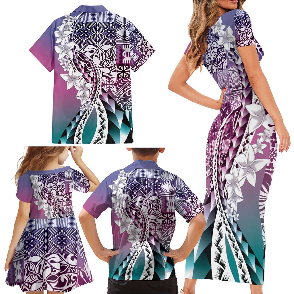 Aloha Vintage Plumeria Hawaiian Tapa Pattern Family Matching Short Sleeve Bodycon Dress and Hawaiian Shirt Gradient Hawaiian Tapa Pattern - Polynesian Pride