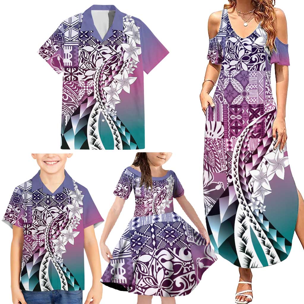 Aloha Vintage Plumeria Hawaiian Tapa Pattern Family Matching Summer Maxi Dress and Hawaiian Shirt Gradient Hawaiian Tapa Pattern - Polynesian Pride