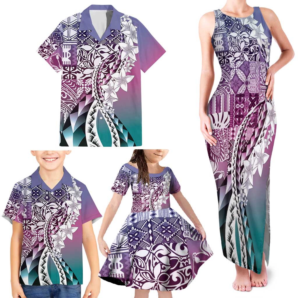 Aloha Vintage Plumeria Hawaiian Tapa Pattern Family Matching Tank Maxi Dress and Hawaiian Shirt Gradient Hawaiian Tapa Pattern - Polynesian Pride