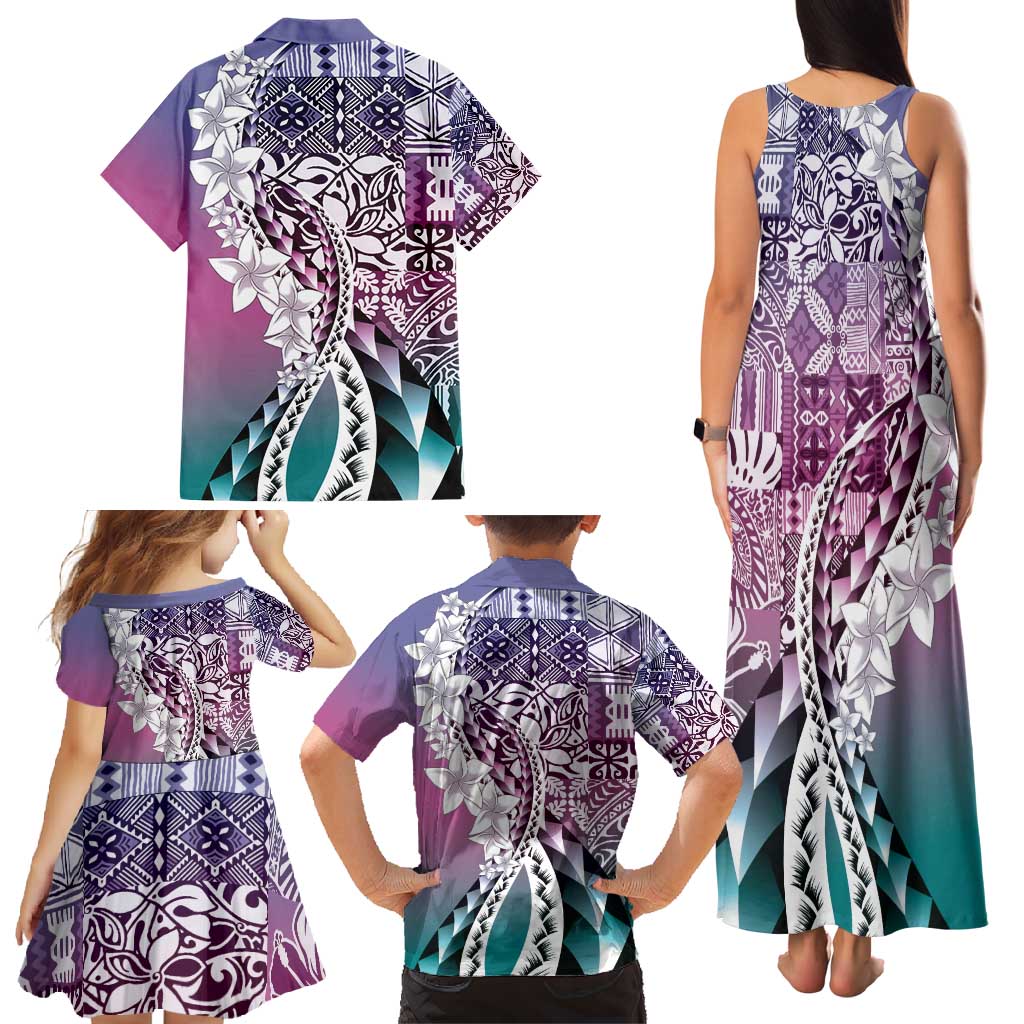 Aloha Vintage Plumeria Hawaiian Tapa Pattern Family Matching Tank Maxi Dress and Hawaiian Shirt Gradient Hawaiian Tapa Pattern - Polynesian Pride