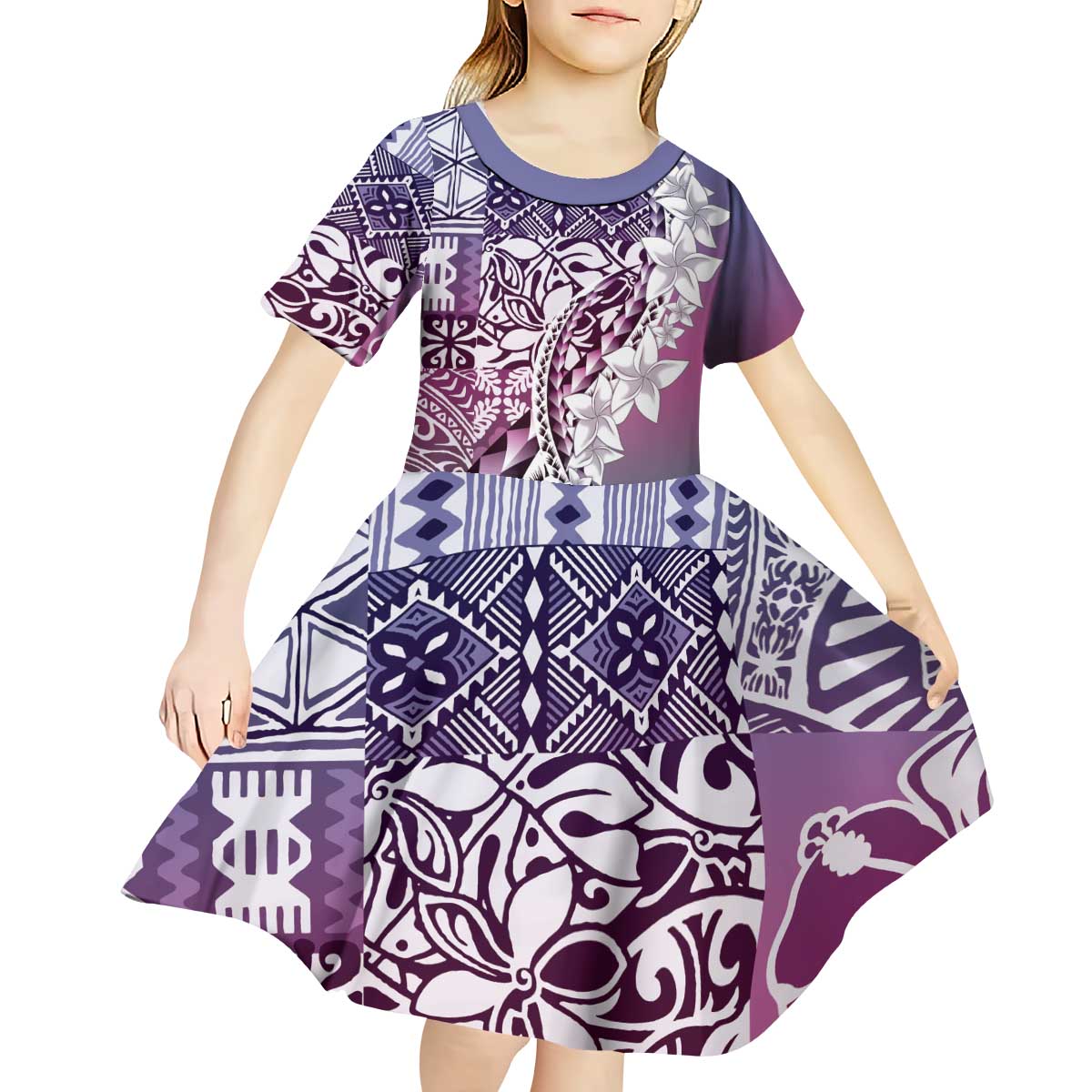 Aloha Vintage Plumeria Hawaiian Tapa Pattern Kid Short Sleeve Dress Gradient Hawaiian Tapa Pattern - Polynesian Pride