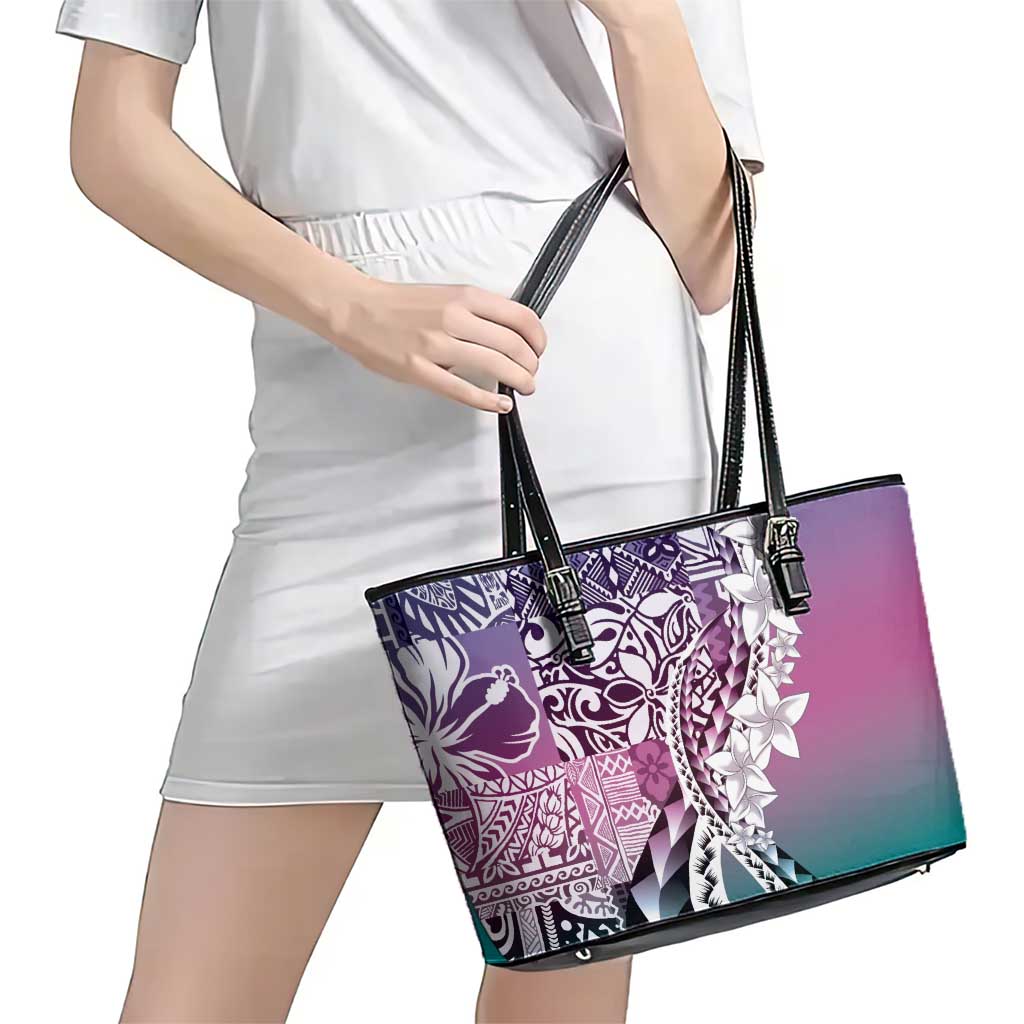 Aloha Vintage Plumeria Hawaiian Tapa Pattern Leather Tote Bag Gradient Hawaiian Tapa Pattern - Polynesian Pride