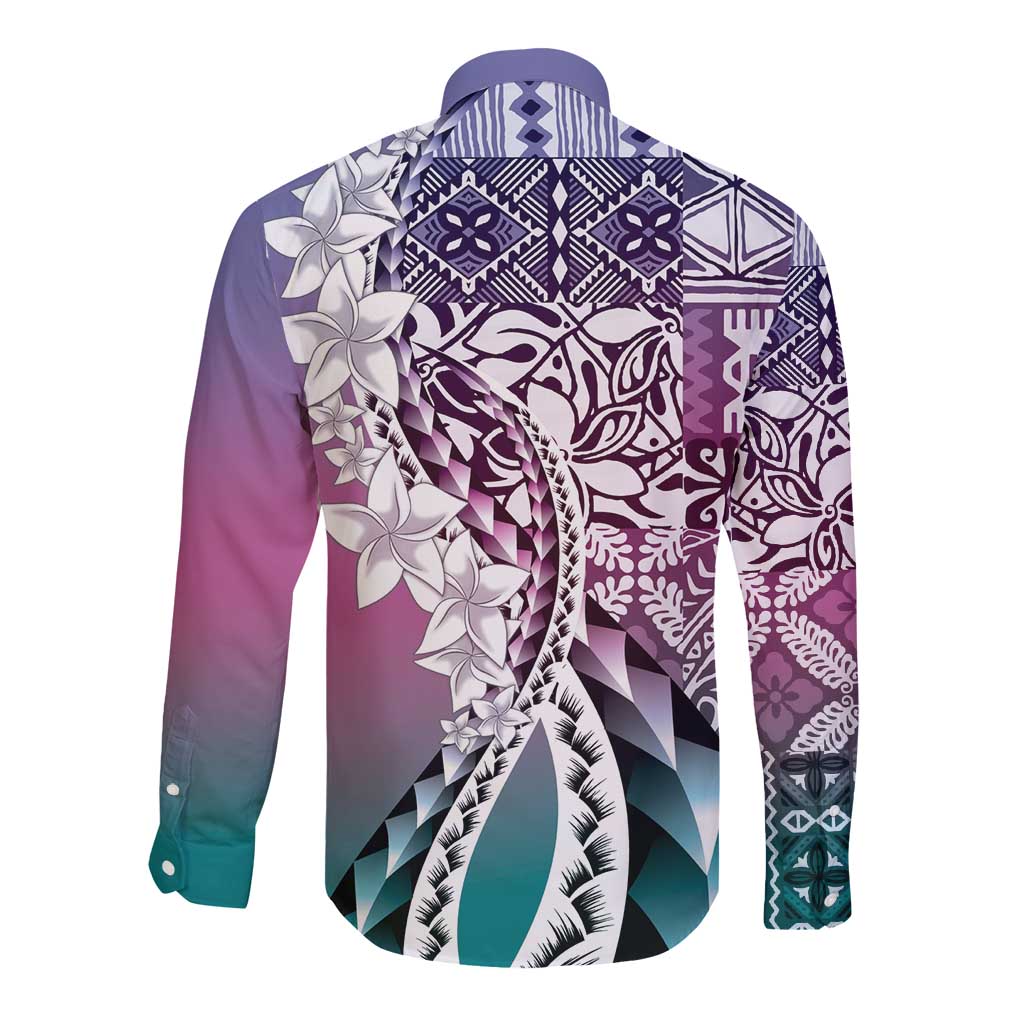 Aloha Vintage Plumeria Hawaiian Tapa Pattern Long Sleeve Button Shirt Gradient Hawaiian Tapa Pattern LT9 - Polynesian Pride