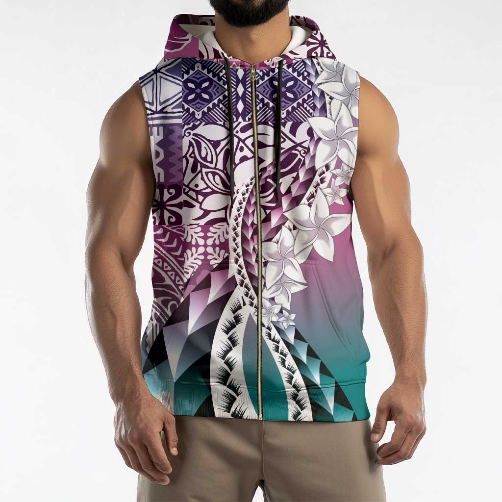 Aloha Vintage Plumeria Hawaiian Tapa Pattern Sleeveless Zip Hoodie Gradient Hawaiian Tapa Pattern - Polynesian Pride