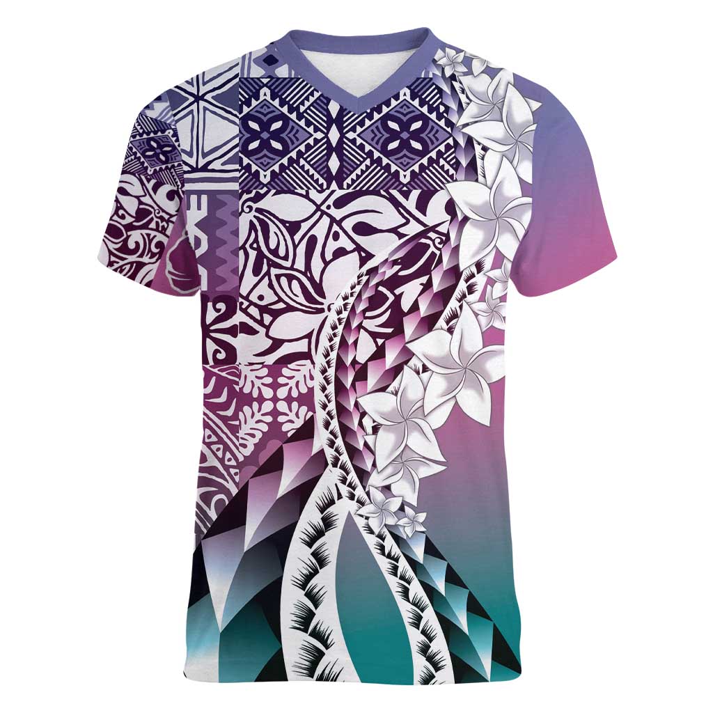 Aloha Vintage Plumeria Hawaiian Tapa Pattern Women V-Neck T-Shirt Gradient Hawaiian Tapa Pattern - Polynesian Pride