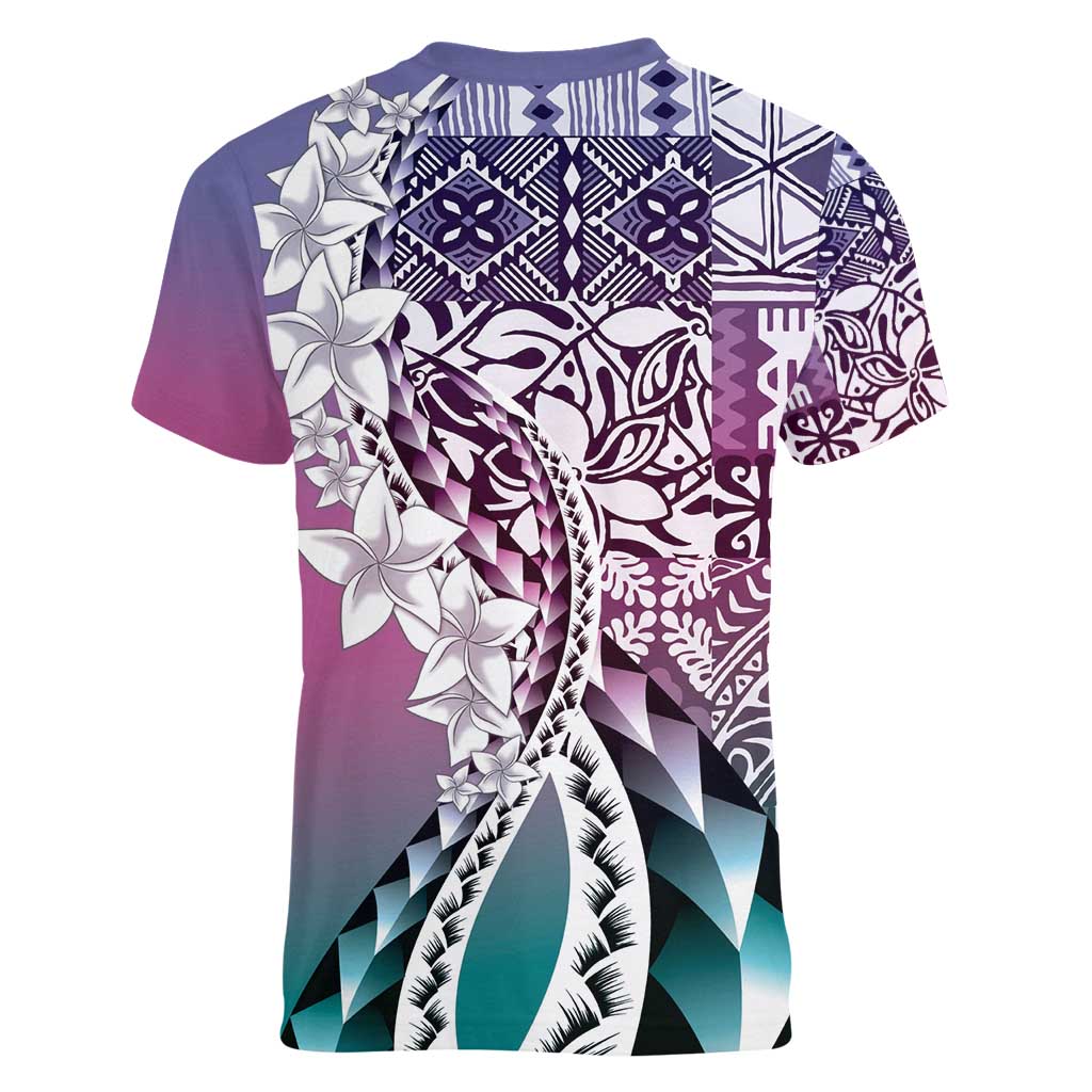 Aloha Vintage Plumeria Hawaiian Tapa Pattern Women V-Neck T-Shirt Gradient Hawaiian Tapa Pattern - Polynesian Pride