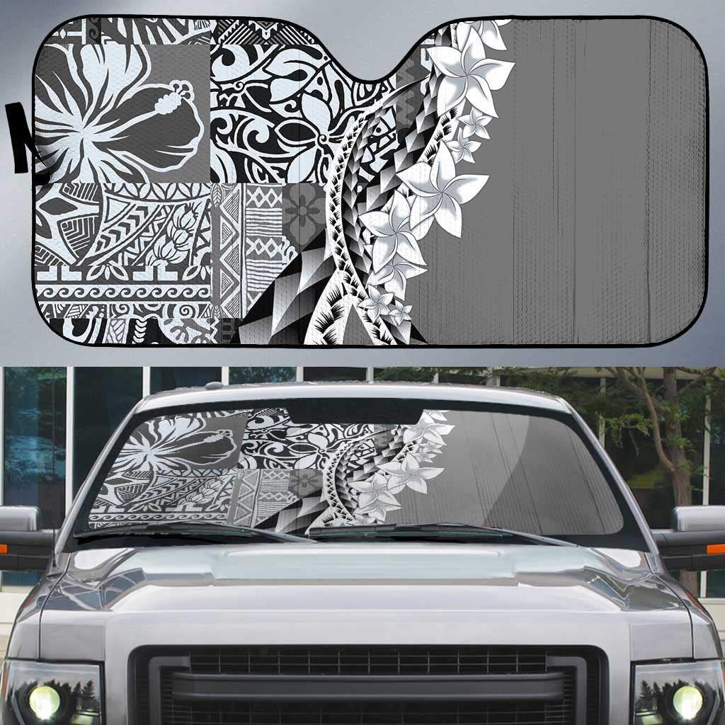 Aloha Vintage Plumeria Hawaiian Tapa Pattern Auto Sun Shade Gray Hawaiian Tapa Pattern - Polynesian Pride