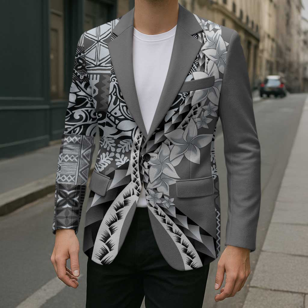 Aloha Vintage Plumeria Hawaiian Tapa Pattern Blazer Gray Hawaiian Tapa Pattern LT9 - Polynesian Pride