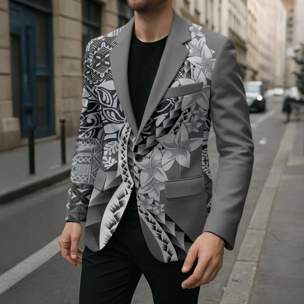 Aloha Vintage Plumeria Hawaiian Tapa Pattern Blazer Gray Hawaiian Tapa Pattern LT9 - Polynesian Pride