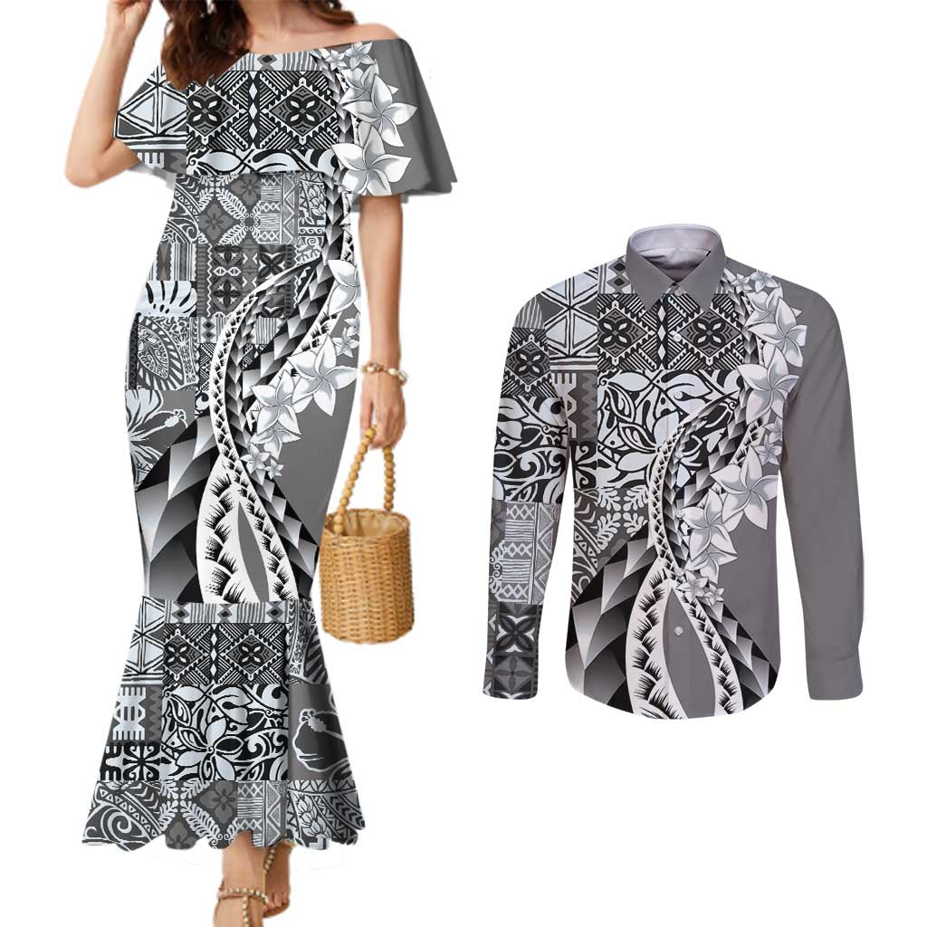 Aloha Vintage Plumeria Hawaiian Tapa Pattern Couples Matching Mermaid Dress and Long Sleeve Button Shirt Gray Hawaiian Tapa Pattern - Polynesian Pride
