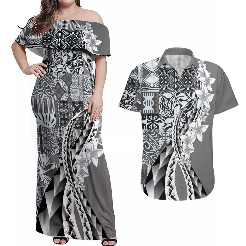Aloha Vintage Plumeria Hawaiian Tapa Pattern Couples Matching Off Shoulder Maxi Dress and Hawaiian Shirt Gray Hawaiian Tapa Pattern - Polynesian Pride