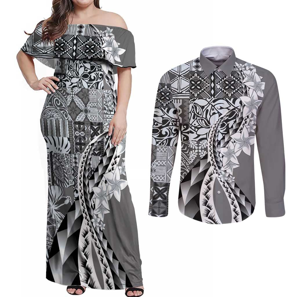 Aloha Vintage Plumeria Hawaiian Tapa Pattern Couples Matching Off Shoulder Maxi Dress and Long Sleeve Button Shirt Gray Hawaiian Tapa Pattern - Polynesian Pride