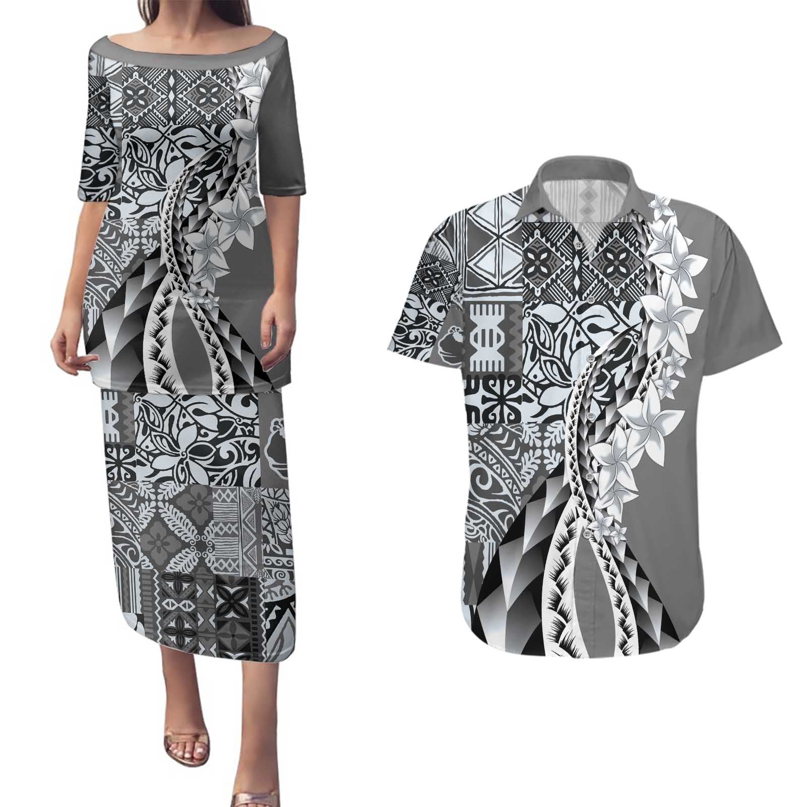 Aloha Vintage Plumeria Hawaiian Tapa Pattern Couples Matching Puletasi and Hawaiian Shirt Gray Hawaiian Tapa Pattern - Polynesian Pride