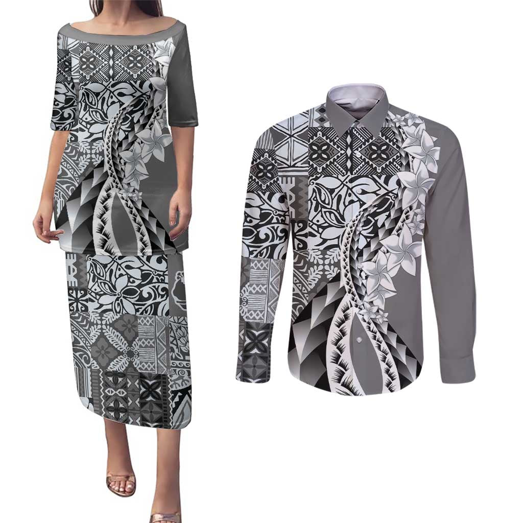 Aloha Vintage Plumeria Hawaiian Tapa Pattern Couples Matching Puletasi and Long Sleeve Button Shirt Gray Hawaiian Tapa Pattern LT9 Gray - Polynesian Pride