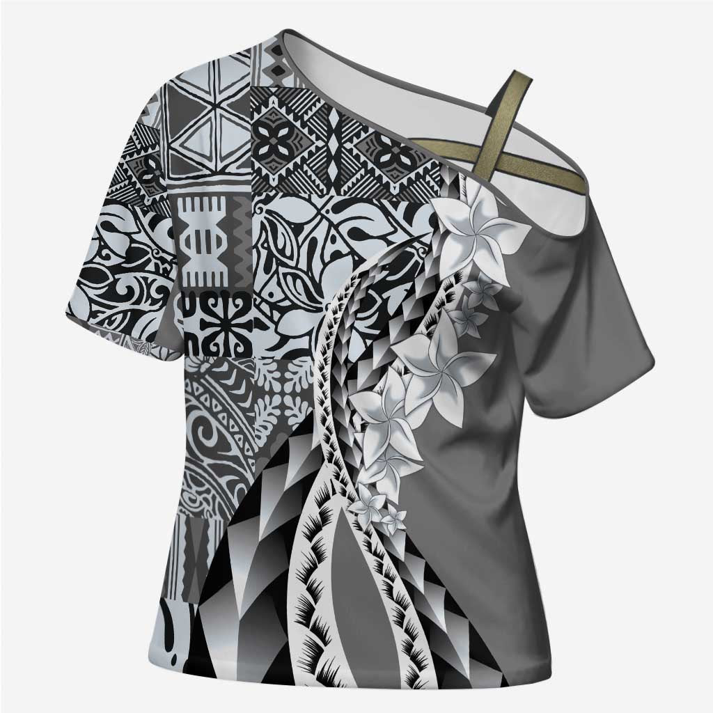 Aloha Vintage Plumeria Hawaiian Tapa Pattern Cross Shoulder Shirt Gray Hawaiian Tapa Pattern LT9 Female Gray - Polynesian Pride