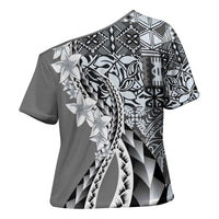 Aloha Vintage Plumeria Hawaiian Tapa Pattern Cross Shoulder Shirt Gray Hawaiian Tapa Pattern LT9 - Polynesian Pride