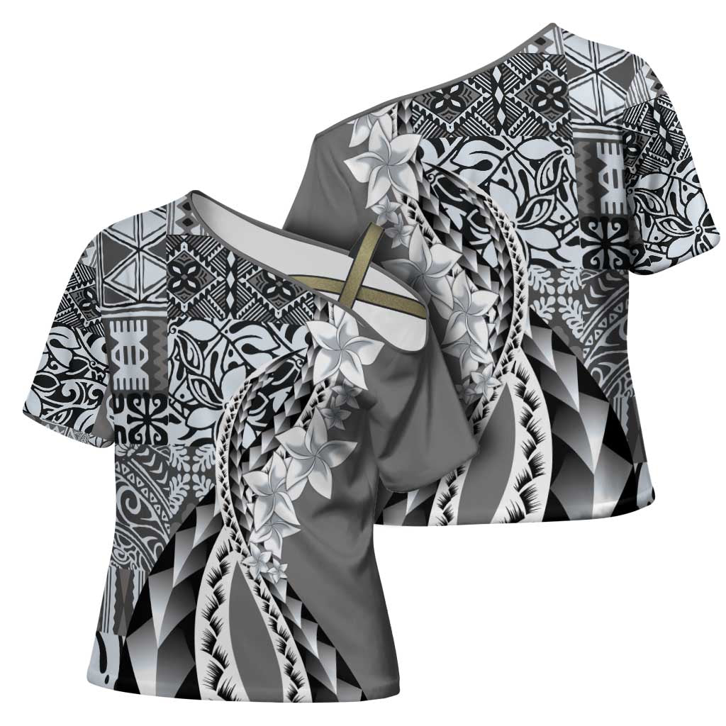 Aloha Vintage Plumeria Hawaiian Tapa Pattern Cross Shoulder Shirt Gray Hawaiian Tapa Pattern LT9 - Polynesian Pride