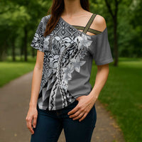 Aloha Vintage Plumeria Hawaiian Tapa Pattern Cross Shoulder Shirt Gray Hawaiian Tapa Pattern LT9 - Polynesian Pride