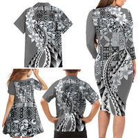 Aloha Vintage Plumeria Hawaiian Tapa Pattern Family Matching Long Sleeve Bodycon Dress and Hawaiian Shirt Gray Hawaiian Tapa Pattern - Polynesian Pride