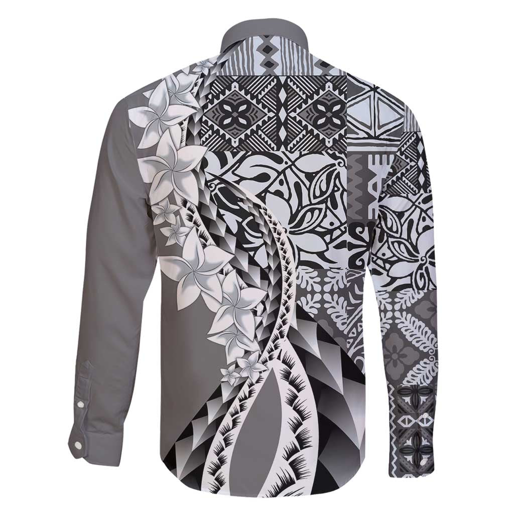 Aloha Vintage Plumeria Hawaiian Tapa Pattern Family Matching Long Sleeve Bodycon Dress and Hawaiian Shirt Gray Hawaiian Tapa Pattern - Polynesian Pride