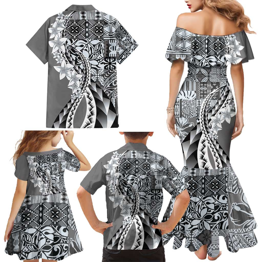 Aloha Vintage Plumeria Hawaiian Tapa Pattern Family Matching Mermaid Dress and Hawaiian Shirt Gray Hawaiian Tapa Pattern - Polynesian Pride