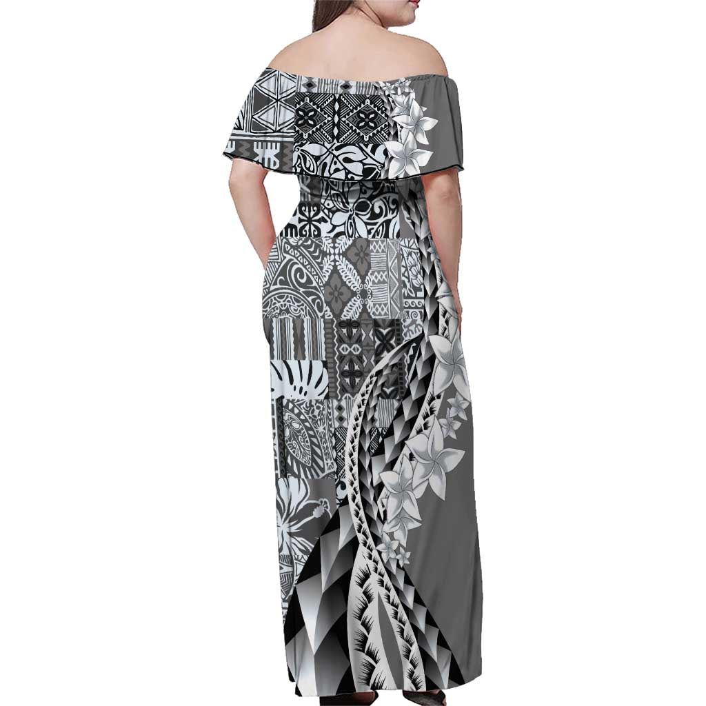 Aloha Vintage Plumeria Hawaiian Tapa Pattern Family Matching Off Shoulder Maxi Dress and Hawaiian Shirt Gray Hawaiian Tapa Pattern - Polynesian Pride