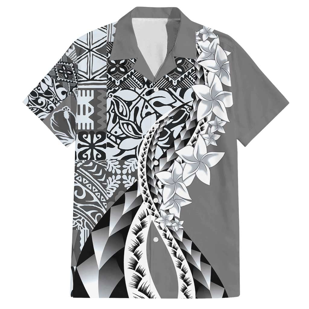 Aloha Vintage Plumeria Hawaiian Tapa Pattern Family Matching Off Shoulder Short Dress and Hawaiian Shirt Gray Hawaiian Tapa Pattern - Polynesian Pride