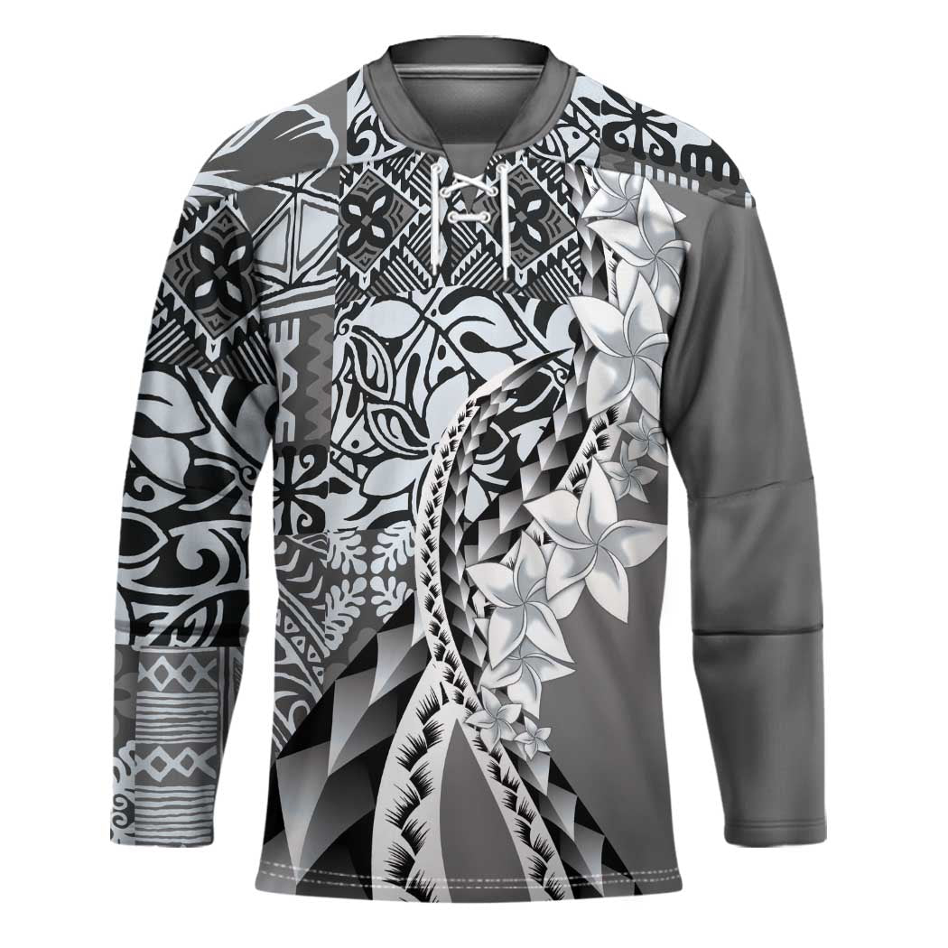 Aloha Vintage Plumeria Hawaiian Tapa Pattern Hockey Jersey Gray Hawaiian Tapa Pattern LT9 Unisex Gray - Polynesian Pride
