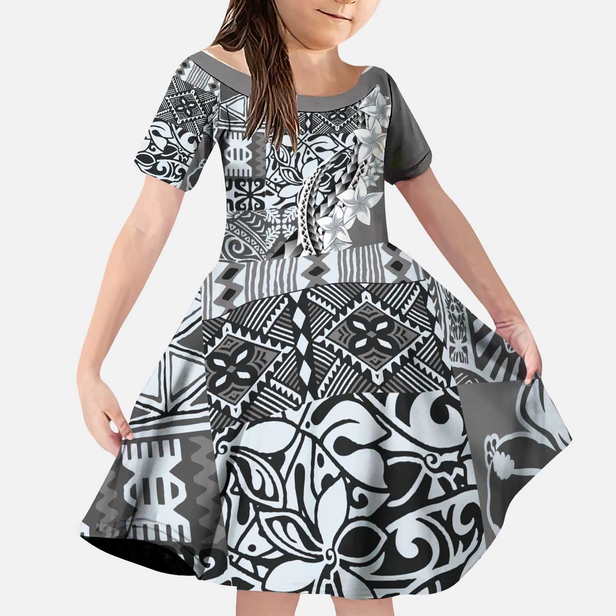 Aloha Vintage Plumeria Hawaiian Tapa Pattern Kid Short Sleeve Dress Gray Hawaiian Tapa Pattern - Polynesian Pride
